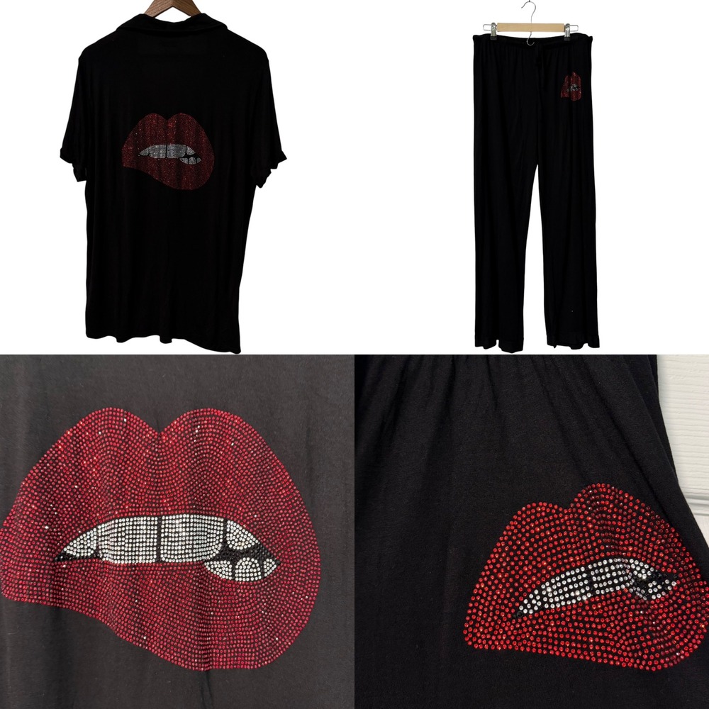 Lauren Moshi‎ Pajama Set Womens L Waverly X Crystal Biting Lip Black Loungewear